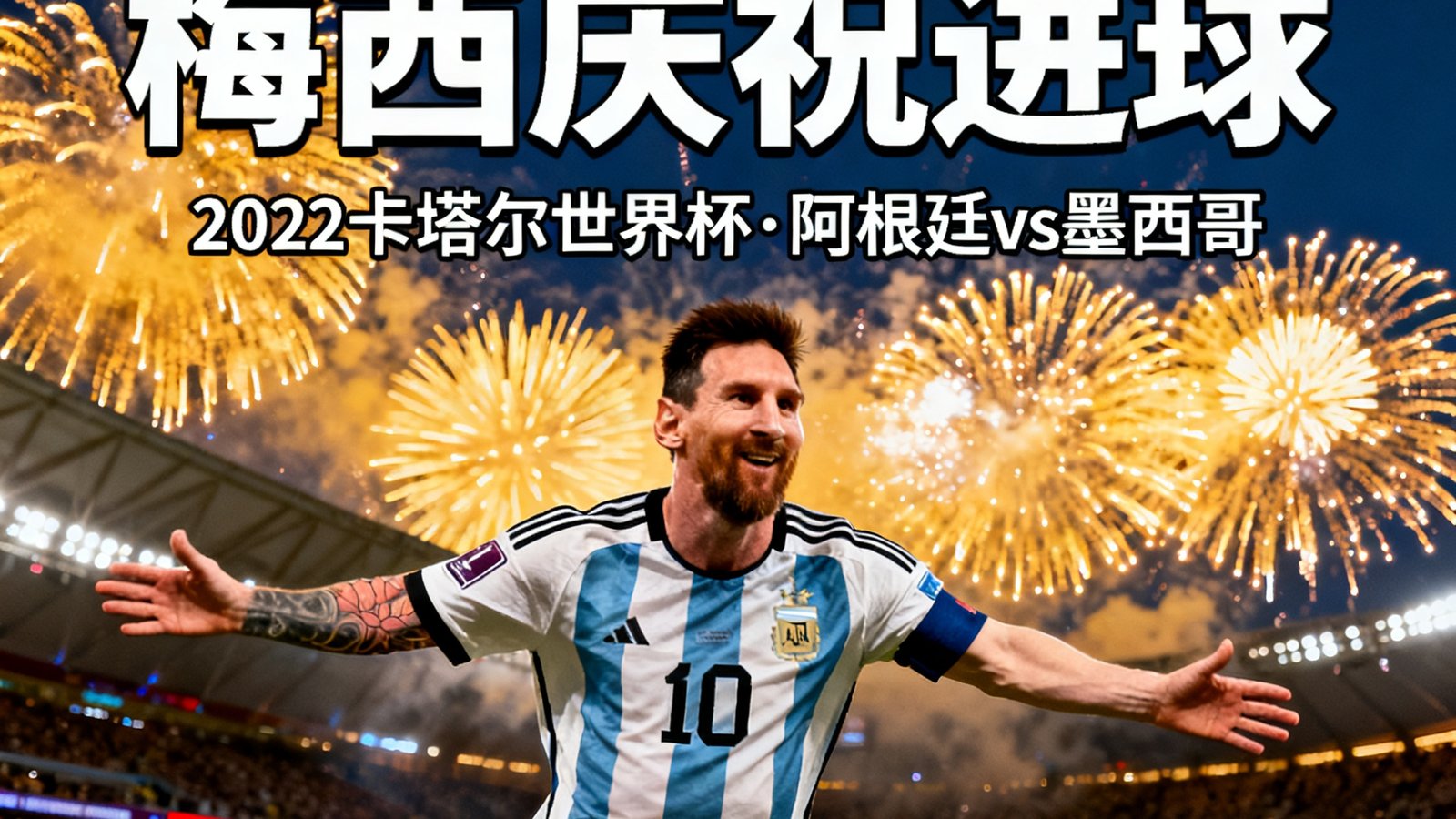 世界杯直播网新闻板块，展示梅西庆祝进球图文战报，背景是球场烟火